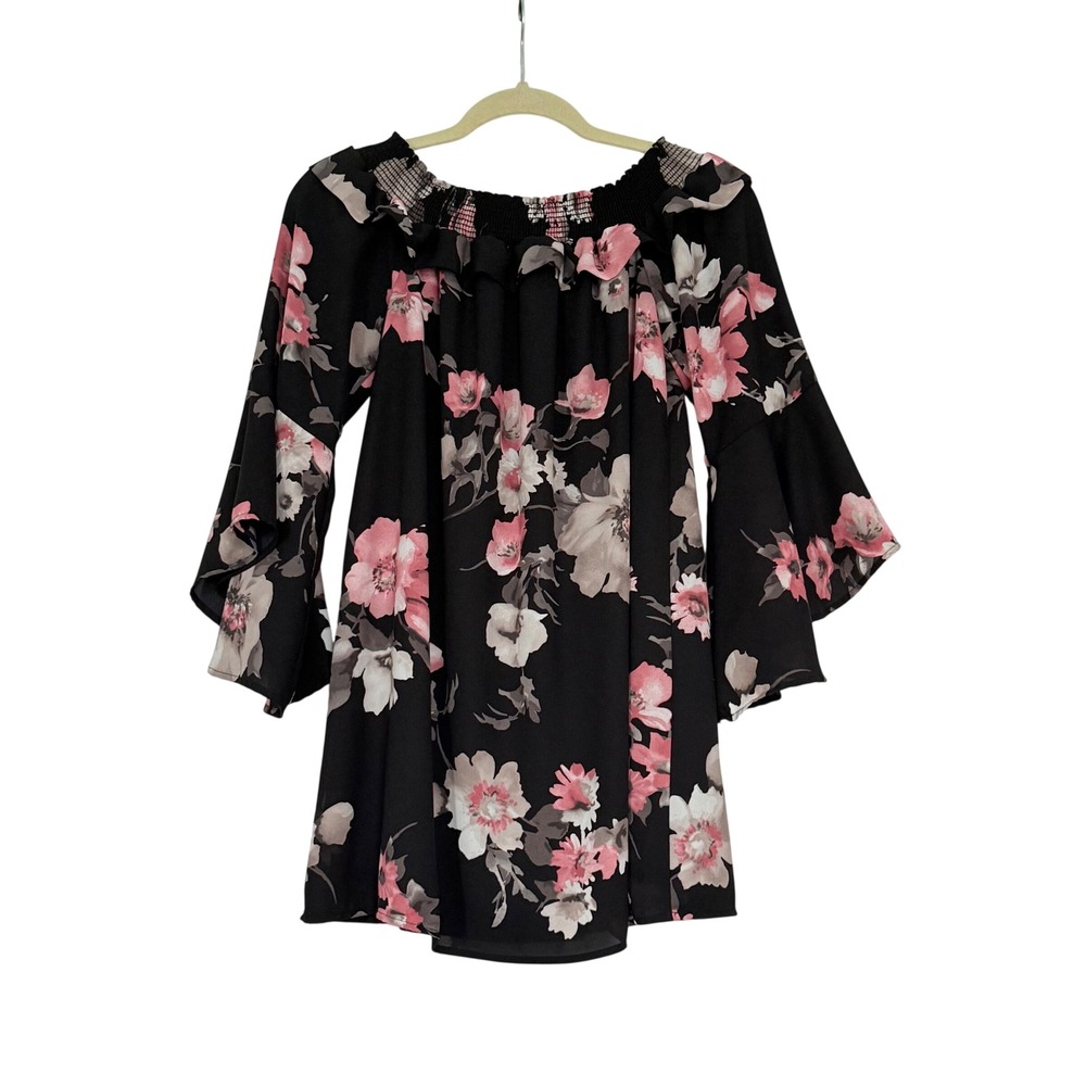 Altar'd State Floral Tunic Top Women Medium Black Pink Bell Sleeve Off Shoulder